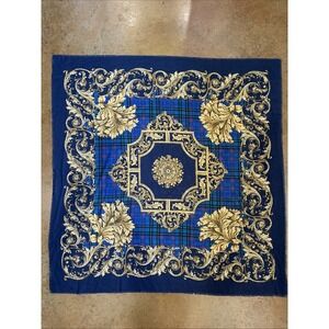 Art of the Scarf Tie Rack Navy Blue Plaid Gold Floral Leaf Made in Italy Scarf